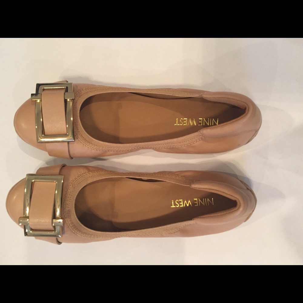 Nude Nine West Flats with gold metal buckle